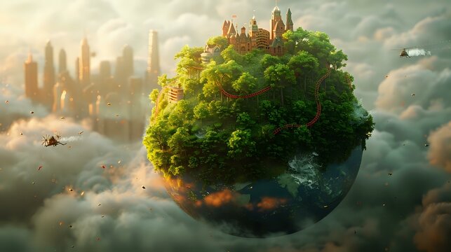 Imagined Miniature Realm: Earth Globe with Treehouse and Rollercoasters