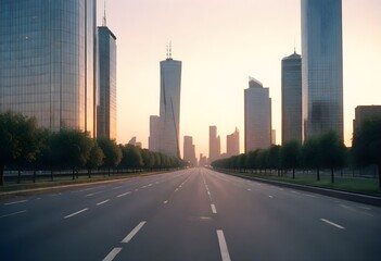 Fototapeta na wymiar Empty road leading towards a city skyline at sunset, with tall skyscrapers and buildings in the background