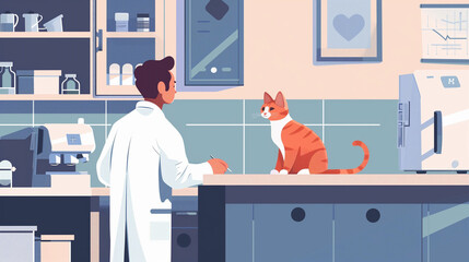 Illustration of a red cat and a doctor in a veterinary clinic for a health checkup