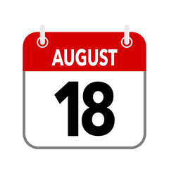 18 August, calendar date icon on white background.