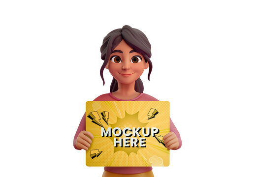 Character of a woman holding a banner mockup