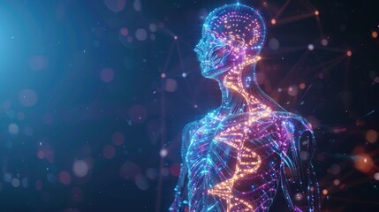 3d rendering illustration human body DNA anatomy with neon light. AI generated image