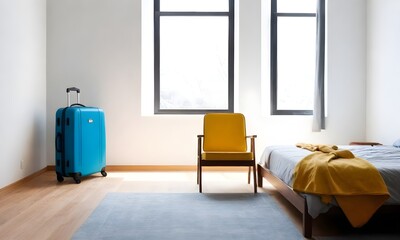 A modern, minimalist bedroom with a large window, a wooden chair, and a blue suitcase and yellow backpack on the floor