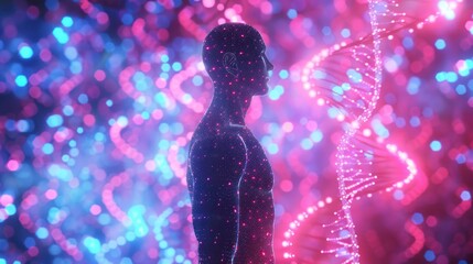 3d rendering visual illustration human body DNA anatomy with neon light. AI generated image