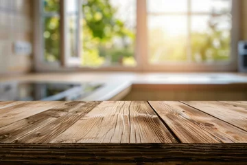 Fototapeten Wooden texture table top on blurred kitchen window background - generative ai © Nia™