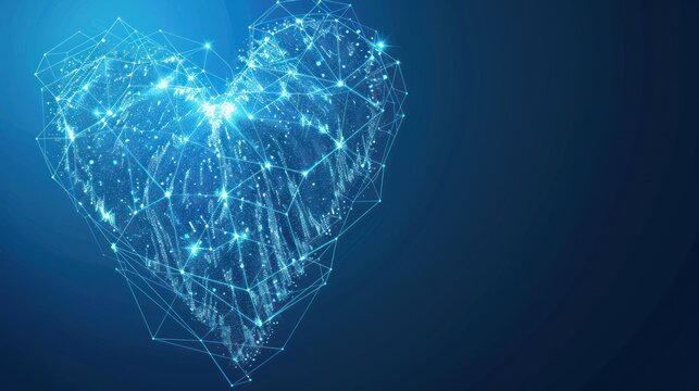 Geometric glowing Heart icon from lines isolated on blue background.AI generated image
