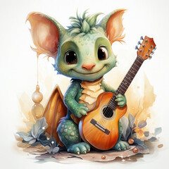 Watercolor Dragon playing guitar, clipart Illustration, Generative Ai