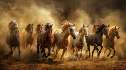 Horses herd running in dust against dramatic background. AI generated image