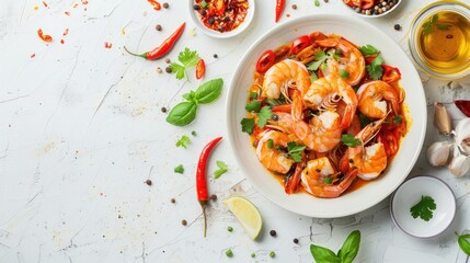 Top view tasty tom yum kung shrimp spicy food in bowl with ingredients on white table. AI generated