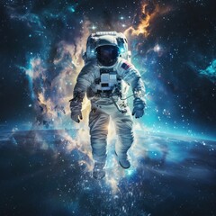 Realistic dramatic Astronaut walking on space. AI generated image