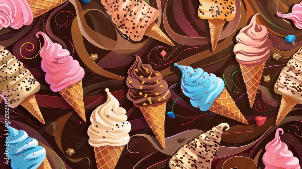 Poster illustration featuring a pattern of abstract elements in an ice cream food 2d design style backgroun