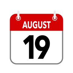 19 August, calendar date icon on white background.