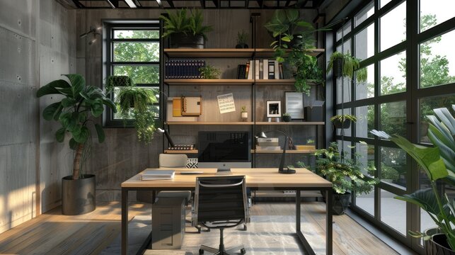3d rendering home interior design a room with working desk and plant. AI generated image