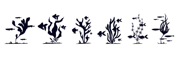 Set of silhouettes of schools of fish in seaweed.Vector graphics. - obrazy, fototapety, plakaty