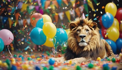 'lion animal birthday waiting fun confetti Crazy party. world. balloons party jungle Celebratory guests composition postcard cute ai abstract background wild' - Powered by Adobe