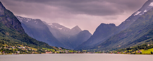 Panoramic View of Olden village in Briksdalsbreen Glacial valley