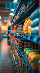 A grocery store aisle filled with various types of products, no people present.