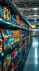 A grocery store aisle with many different types of products, no people. Generative AI.