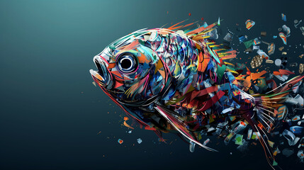 Illustration of an abstract scared fish consisting of garbage. Ocean Pollution - obrazy, fototapety, plakaty