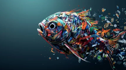 Fotobehang Illustration of an abstract scared fish consisting of garbage. Ocean Pollution © ksu
