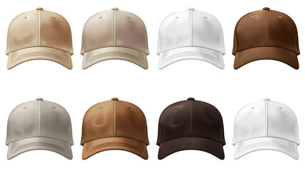 men and boys baseball caps in different brown and white colors and casual style, isolated on white png transparent background