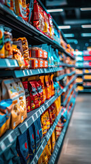 Fototapeta premium A grocery store aisle filled with various types of products, no people present.