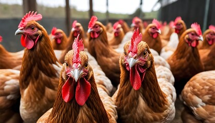 A group of brown chickens with red combs and wattles in a farm setting - obrazy, fototapety, plakaty