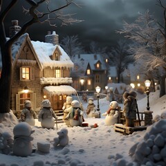 Snowman and snowman in the village at night in winter.