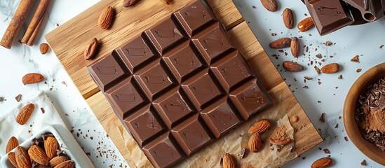 Chocolate bar on a wooden board with nuts scattered nearby, almonds, cinnamon, and cocoa powder on a white marble countertop