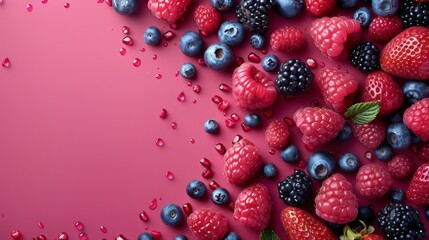 Group of Berries and Raspberries on Red Surface