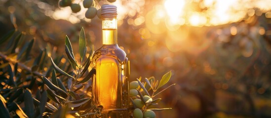 Olive Oil Bottle on Olive Tree