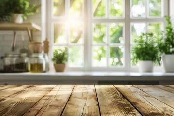 Foto op Plexiglas Wooden texture table top on blurred kitchen window background - generative ai © Nia™