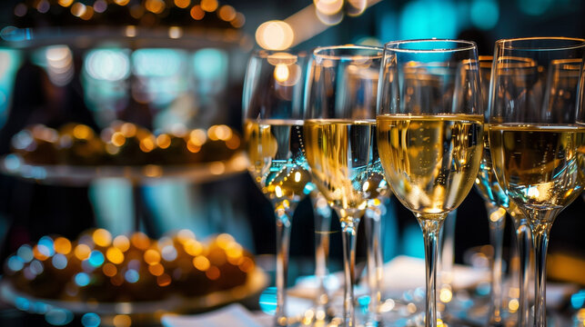 Glasses of wine on a festive table with snacks