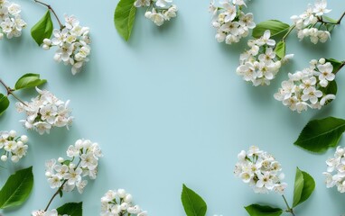 White Flowers and Green Leaves on a Blue Background