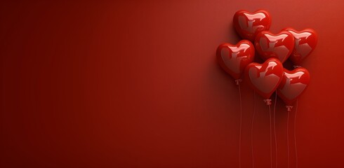 Red Heart Shaped Balloons on Red Wall - obrazy, fototapety, plakaty