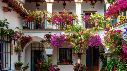 Fototapeta na wymiar Flowers Decoration of Vintage Courtyard, typical house in Cordoba - Spain, European travel 