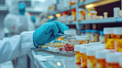 Collection of medicines in the laboratory room, various kinds of health medicines