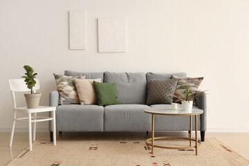 Comfortable sofa with pillows and coffee table in living room