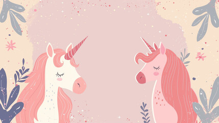 Obraz na płótnie Canvas Cute pink background with space for text with unicorns on the sides
