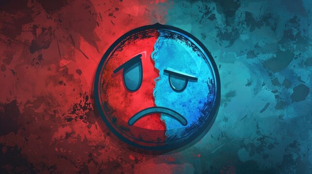 A cartoon rendition of a sad smiley emoticon in vibrant blue and red hues designed to resemble a cartoon icon
