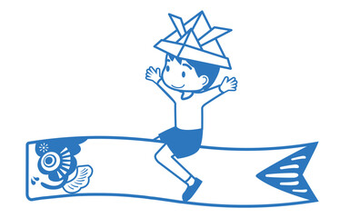 端午の節句子供の日のシンプルな線画のイメージイラスト　鯉のぼりに乗る兜を被る男の子 - 792136879