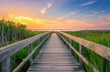 Fototapeta premium Wooden Walkway Leading to Sunset Over Marsh