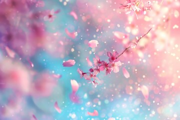 Cute anime style, pastel color background, cherry blossom petals flying in the air Generative AI