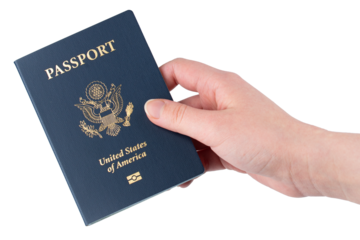 US Passport. Citizen, citizenship. United States of America. Passport or id with chip. Identity documents. Immigration. Embassy USA. Passport for Visa. Women's hand. Identification for travel.