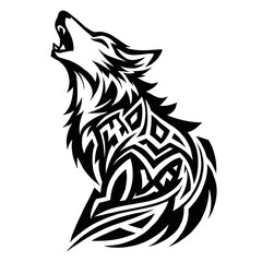 Obraz premium Geometric Wolf Head Tattoo Design in Tribal Style with Abstract Black Patterns