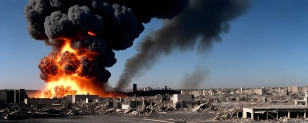 A large explosion with a massive fireball and plume of (dark smoke rising into the air, surrounded by debris and rubble) - obrazy, fototapety, plakaty