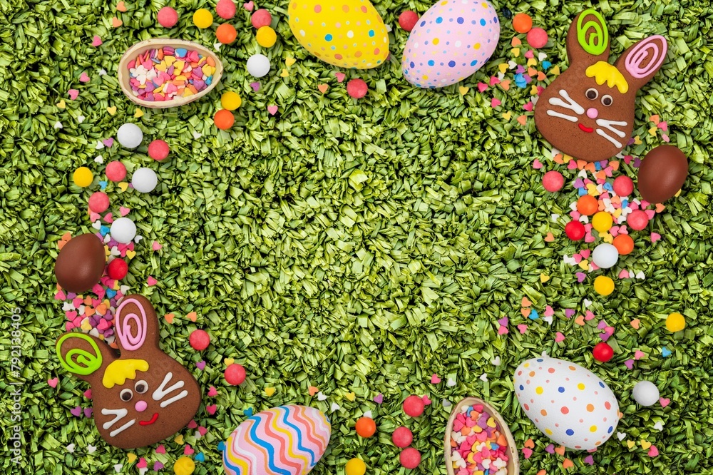 Poster Color Easter egg sweets on desk background