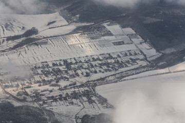 Aerial photography. Europe. Moldova, view from the airplane window. Winter panorama.