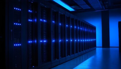 Rows of servers in a dark data center with blue lighting