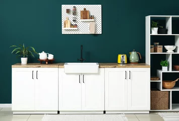 Fotobehang Stylish kitchen with pegboard and kitchenware © Pixel-Shot